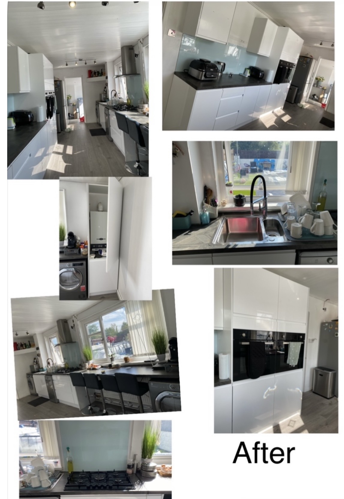 Collage showing the completed modern white kitchen